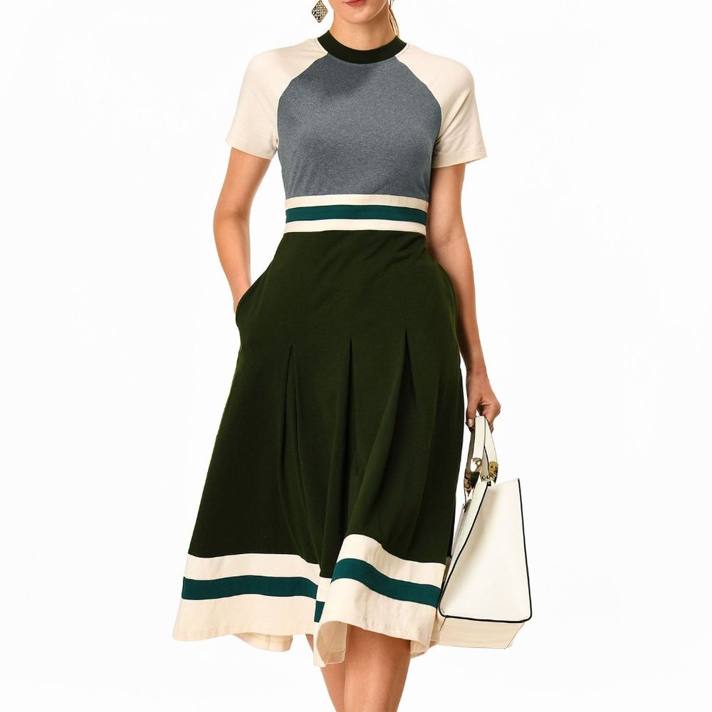 Banded Stripe Trim Colorblock Cotton Knit Dress